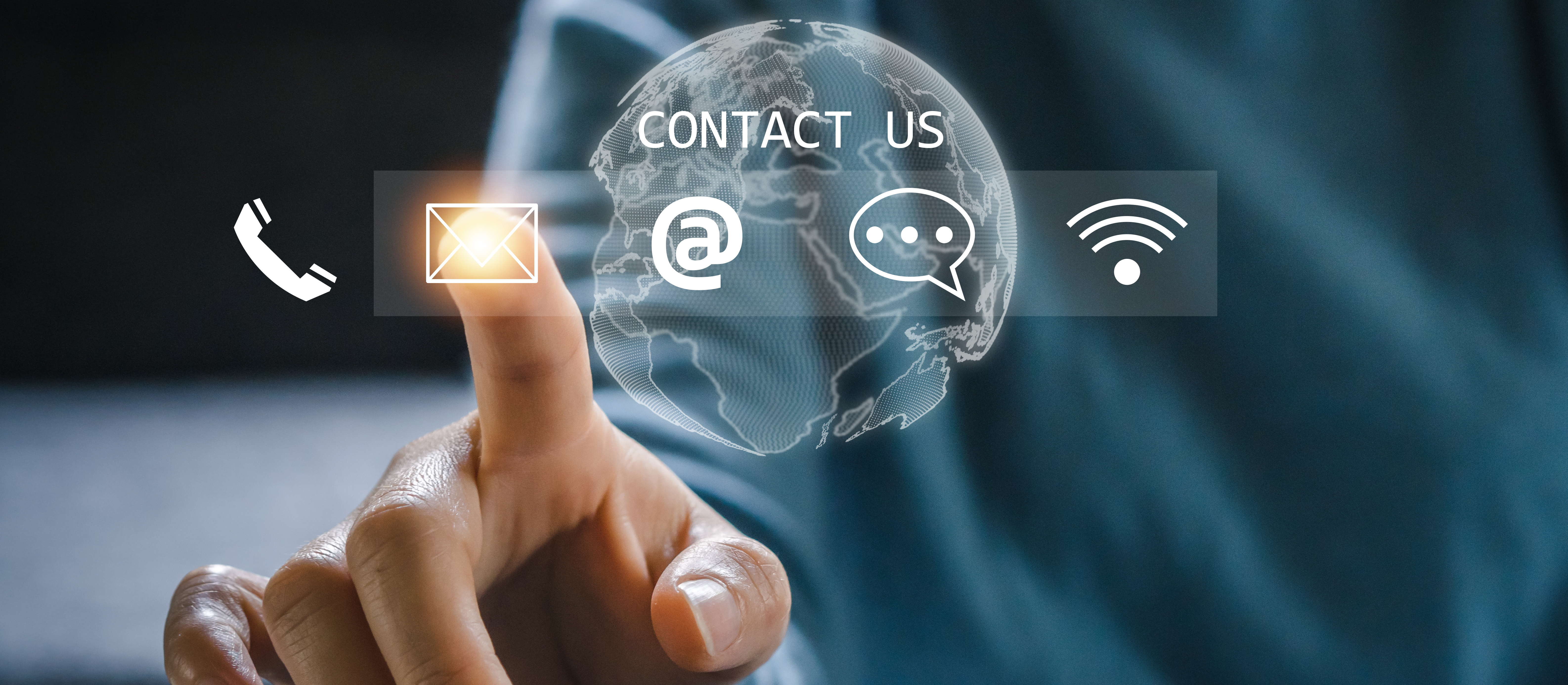 Hand touching a digital globe surrounded by phone, email and chat icons